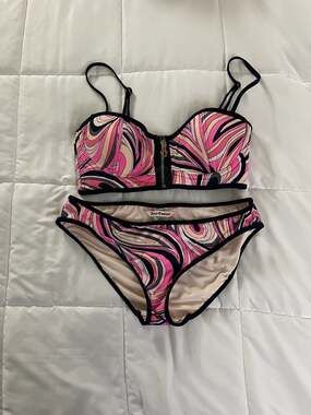 Juicy Couture Pink Shell Shock Swirl Print Zip-Up Bikini Set